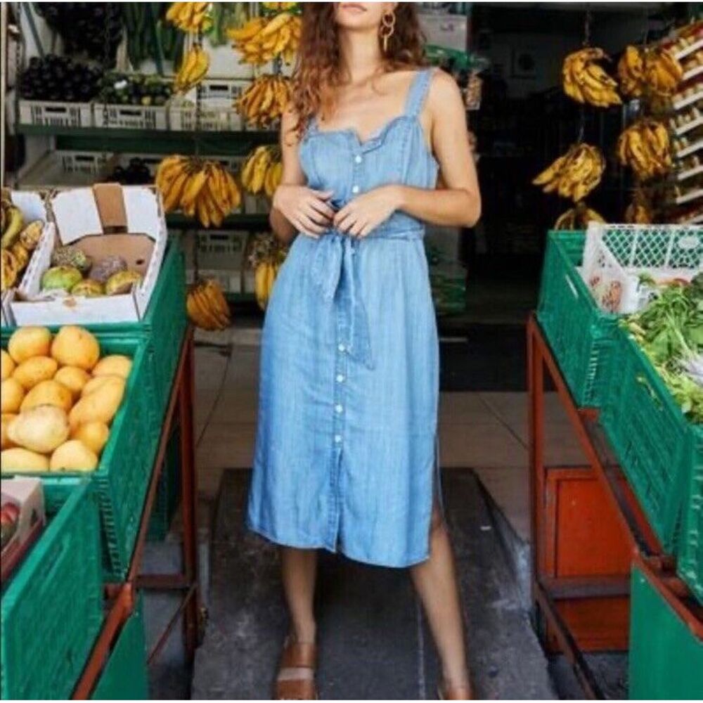 Rails Womens Dress Medium Vintage Clement Midi Chambray Button Belted Linen